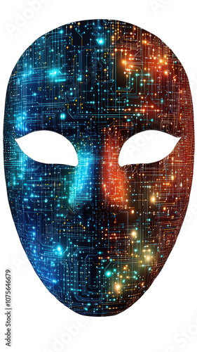 Digital cyber mask with intricate circuit patterns and glowing lights in blue and orange tones, symbolizing technology, anonymity, and futuristic design on Transparent Background photo