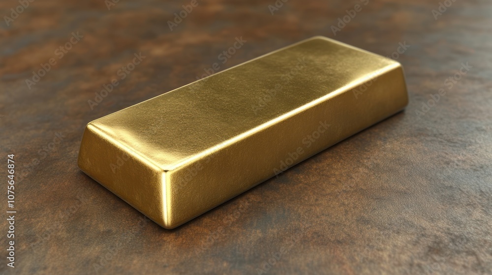 Single gold bar resting on a brown surface. Single gold bar resting on a brown surface.