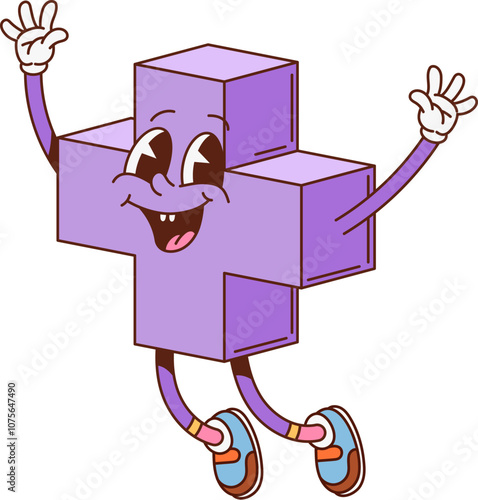 Groovy math plus geometric figure character. Kindergarten education basic shape cute funky character, kids learn math figure happy cartoon vector mascot. School plus symbol isolated groovy personage