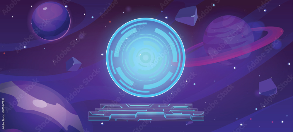 Altar futuristic cyber techno style in space, pedestal podium with glowing circuit circle, vector galaxy game background Altar futuristic cyber techno style in space, pedestal podium with glowing circuit circle, vector galaxy game background
