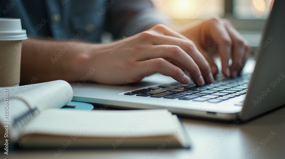 A close-up view of a person’s hands typing on a laptop, with a notebook and a cup of coffee nearby. A close-up view of a person’s hands typing on a laptop, with a notebook and a cup of coffee nearby.