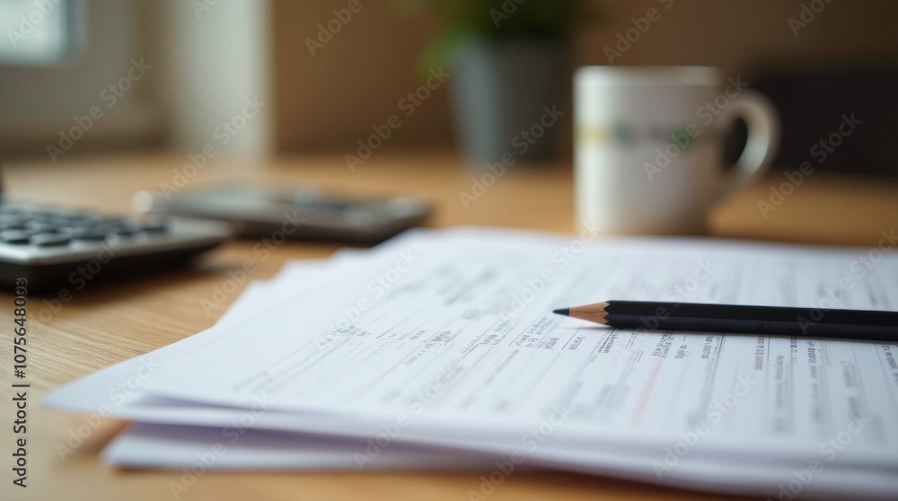 Obraz premium A close-up view of a stack of practice exam papers on a wooden desk, with a pencil and a calculator beside them.