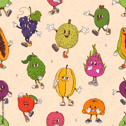 Cartoon retro groovy tropical fruit characters seamless pattern, vector background. Groovy funny durian with papaya and tangerine happy fruit, funky pitaya and feijoa with grape pattern background
