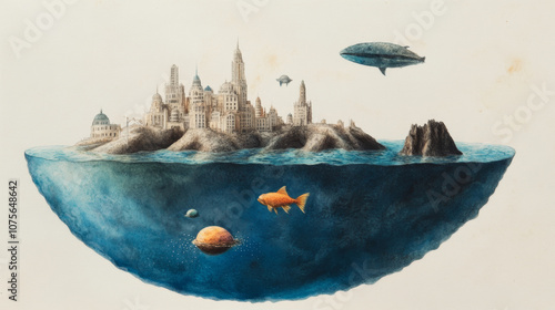 Surreal floating city with submerged landscape and airships photo