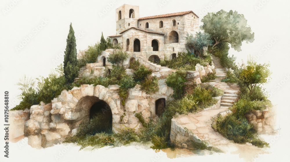 Charming medieval stone village with lush greenery and rustic pathways Charming medieval stone village with lush greenery and rustic pathways