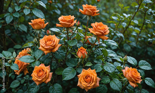 A bush of orange roses blooms in a lush garden on a sunny day