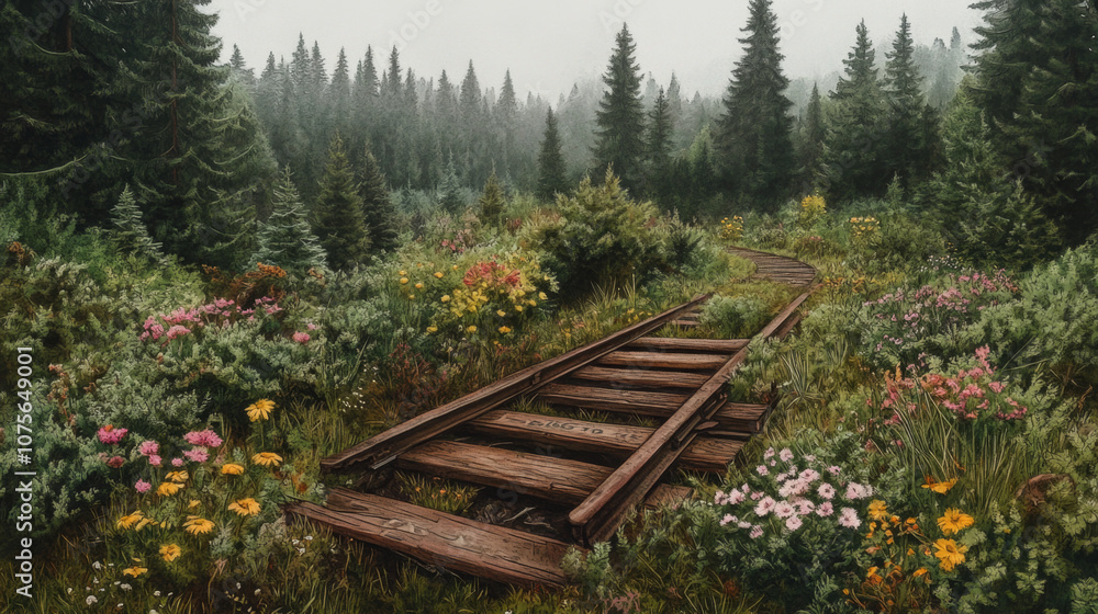 Nature reclaims abandoned railway amid vibrant forest and wildflowers Nature reclaims abandoned railway amid vibrant forest and wildflowers