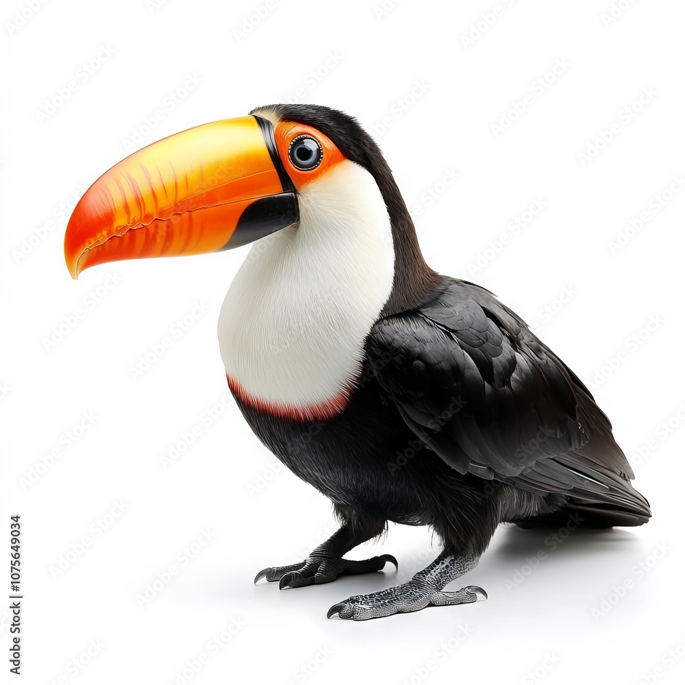 Fototapeta premium A large toucan toko sits on a branch. Toucan, high quality studio photography isolated on white background.