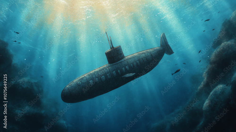 Submarine exploring deep ocean amongst rays of sunlight and marine life Submarine exploring deep ocean amongst rays of sunlight and marine life