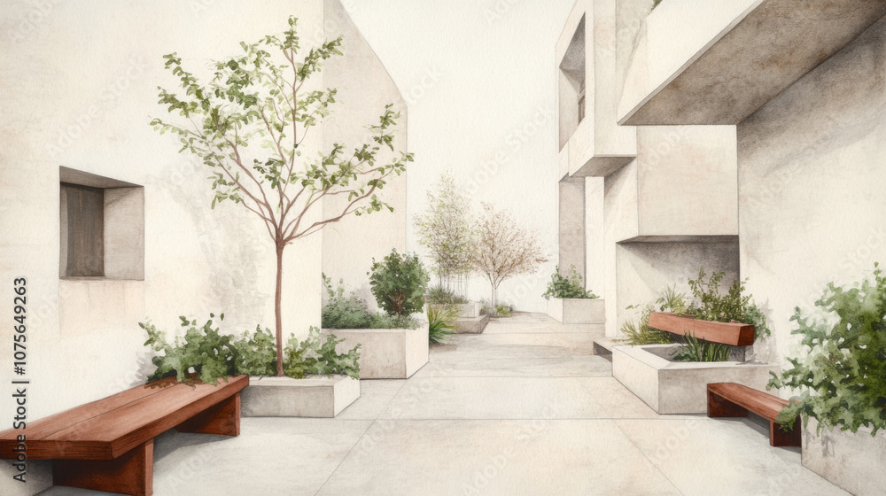 Minimalist architectural courtyard with wooden benches and greenery Minimalist architectural courtyard with wooden benches and greenery