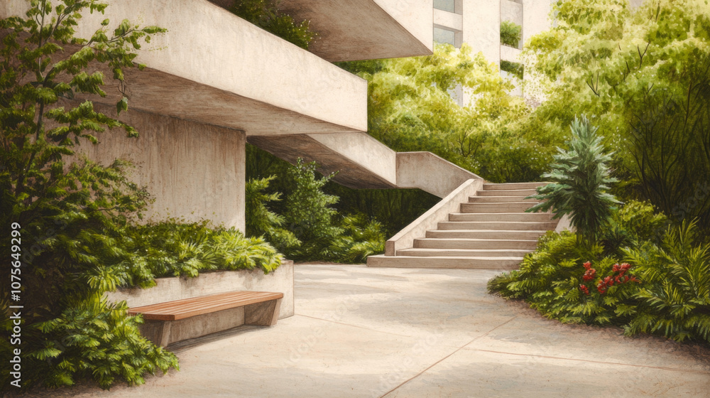 Modern urban oasis: concrete architecture with lush greenery and serene outdoor seating Modern urban oasis: concrete architecture with lush greenery and serene outdoor seating