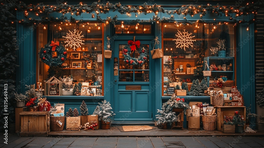 A charming storefront decorated for the holidays with wreaths, lights, and gifts. A charming storefront decorated for the holidays with wreaths, lights, and gifts.