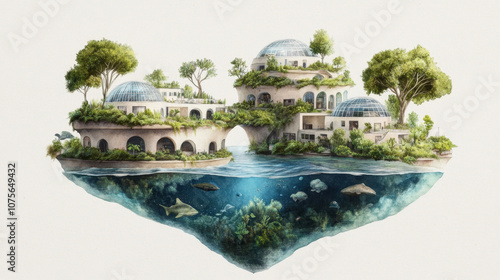 Futuristic eco-friendly floating island with biodomes and marine life photo