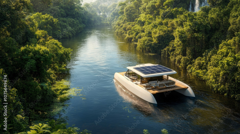 Solar-powered catamaran gliding through lush tropical river ecosystem