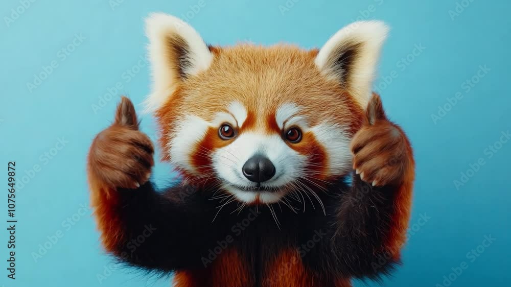 A red panda enthusiastically gives thumbs up with both paws standing on blue studio background, expressing approval A red panda enthusiastically gives thumbs up with both paws standing on blue studio background, expressing approval