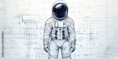 Astronaut illustration with technical blueprint background, detailed design elements