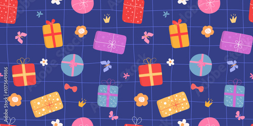 Seamless pattern with gifts on a background of lines, flowers, butterflies. Festive and cheerful print. Vector graphics.