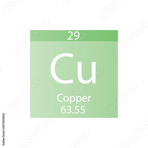 Cu Copper Transition metal Chemical Element Periodic Table. Simple flat square vector illustration, simple clean style Icon with molar mass and atomic number for Lab, science or chemistry class.