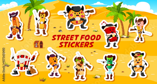 Stickers of cartoon fast food cowboy and ranger, sheriff, robber and bandit characters. Vector western hot dog, burrito, pizza and soda cup. Ice cream c, popcorn, taco, nachos, and Margarita glass