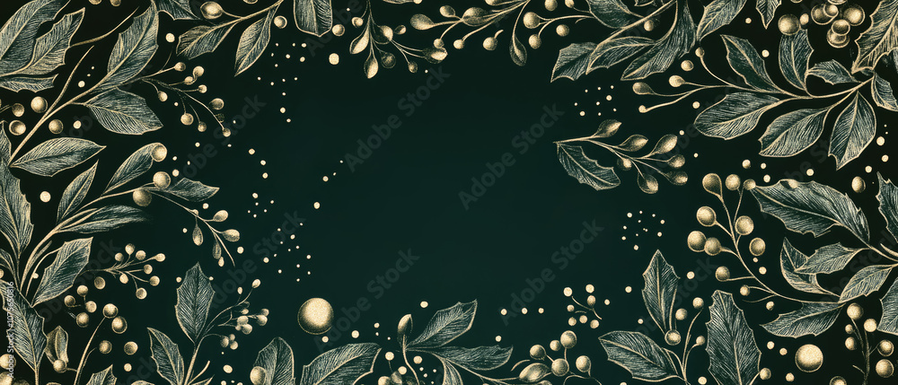 Art deco inspired holiday pattern featuring repeating metallic gold mistletoe motifs on deep forest green. Generative AI. Art deco inspired holiday pattern featuring repeating metallic gold mistletoe motifs on deep forest green. Generative AI.