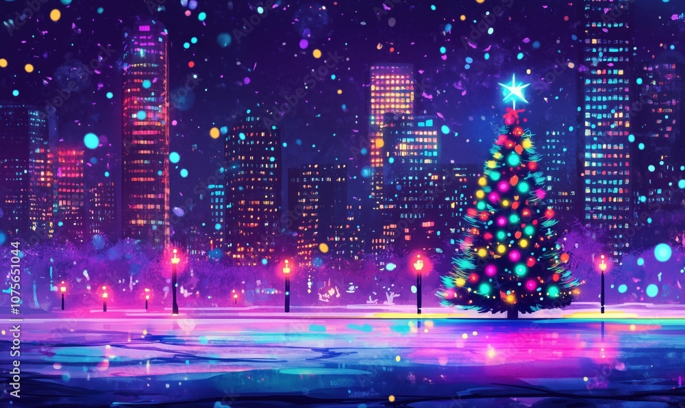 Fototapeta premium Christmas tree glowing in city skyline, colorful lights, snowflakes falling