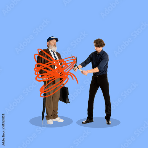 Young man using scissors to cut through tangled mess around elderly man, symbolizing mental clarity and support. Contemporary art collage. Concept of psychology, elderly people, therapy, care