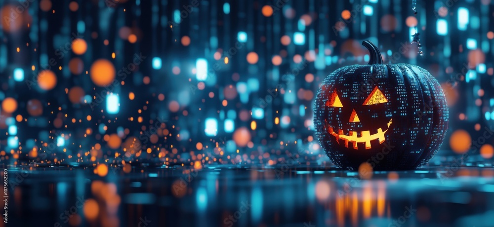 Fototapeta premium Glowing Halloween pumpkin with digital patterns, vibrant lights, festive atmosphere