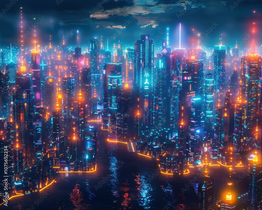 A futuristic city at night, illuminated by neon lights. AI. A futuristic city at night, illuminated by neon lights. AI.