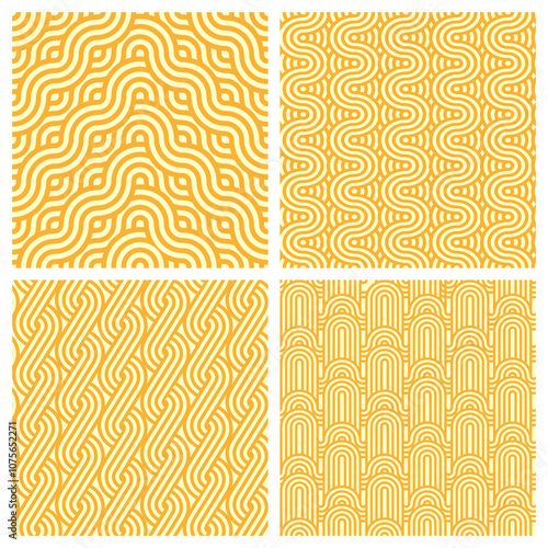 Ramen noodle pattern backgrounds set of asian cuisine food. Vector japanese or chinese ramen instant noodle pasta soup seamless patterns. Yellow wave lines and swirls abstract geometric backgrounds