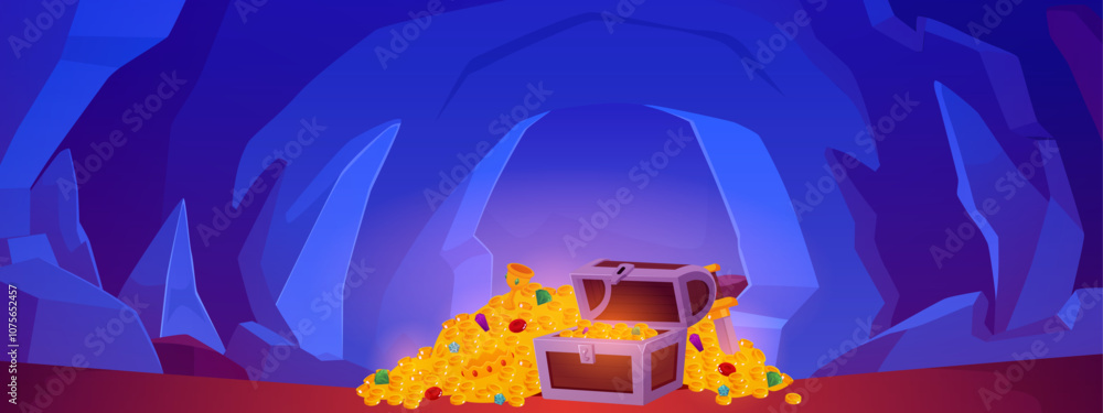 Obraz premium Ancient blue stone cave with treasure chest, golden coins and gemstones, cartoon vector underground landscape level game