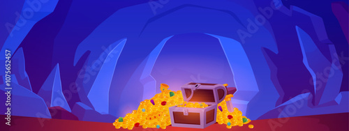 Ancient blue stone cave with treasure chest, golden coins and gemstones, cartoon vector underground landscape level game