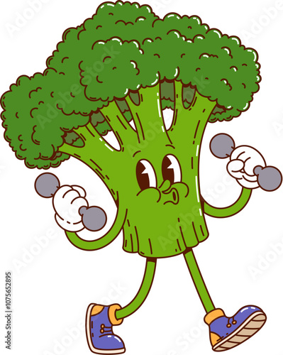 Groovy broccoli vegetable happy character. Farming market organic broccoli vegetable cute groovy vector mascot, healthy vegetarian food or ripe veggie, agriculture product character lifting dumbbells