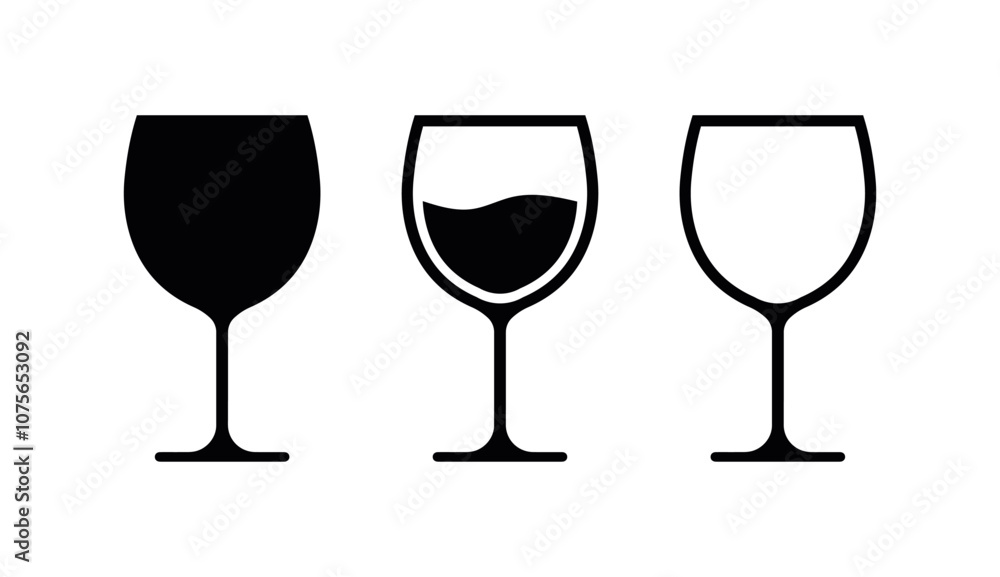 Flat icon of wine glass, set of icons isolated on white background, line drawing of wine glass Flat icon of wine glass, set of icons isolated on white background, line drawing of wine glass