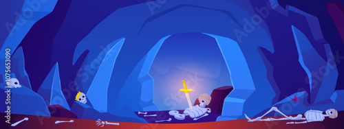 Ancient blue cave with skeletons of medieval knights and king, cartoon vector underground game landscape, crown sword