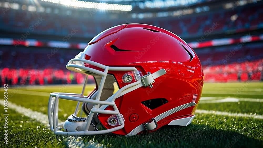A shiny red helmet rests on the grass as fans cheer in the background, capturing the excitement of football game day in a vibrant stadium A shiny red helmet rests on the grass as fans cheer in the background, capturing the excitement of football game day in a vibrant stadium