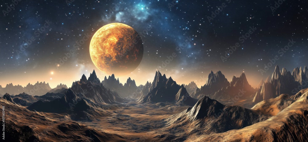 Alien landscape with massive planet, rugged mountains, starry sky Alien landscape with massive planet, rugged mountains, starry sky