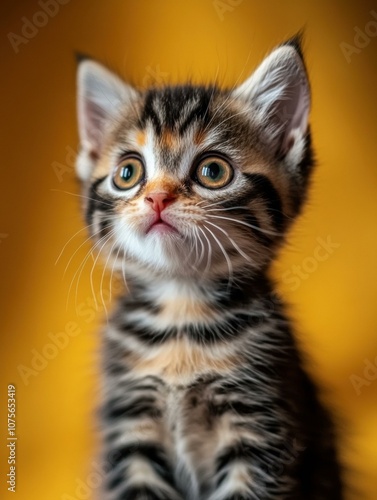 A curious kitten looks up with big, bright eyes. AI.