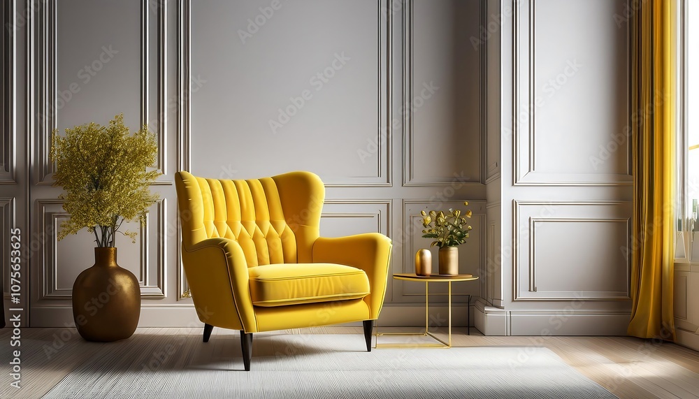 Fototapeta premium A bright yellow chair sits amidst sleek, modern decor and classic paneling, evoking an airy_1(65)