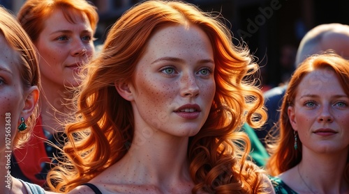 Long Curly Red Hair. Fashion Woman Portrait. Beauty Model Girl with Luxurious Hair, Make up and Accessories. Hairstyle. Wavy Hair Extensions Concept. Holiday Makeup. Smoky eyes and Red lipstick