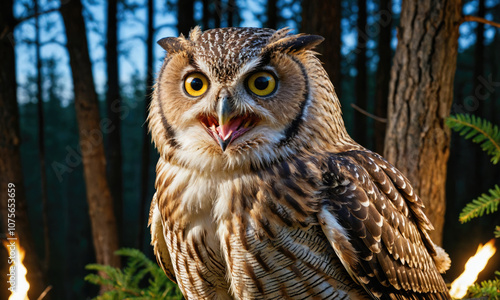 An owl with bright yellow eyes stares intensely at the camera in the forest during the day photo