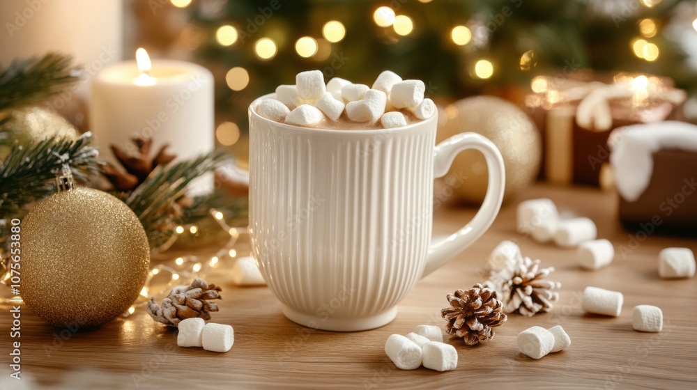 Cozy mug of hot chocolate topped with marshmallows in winter setting Cozy mug of hot chocolate topped with marshmallows in winter setting
