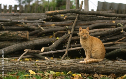 The image depicts a ginger cat perched gracefully on a log amidst a backdrop of stacked firewood. The cat's fur blends harmoniously with the autumn tones of the surroundings.