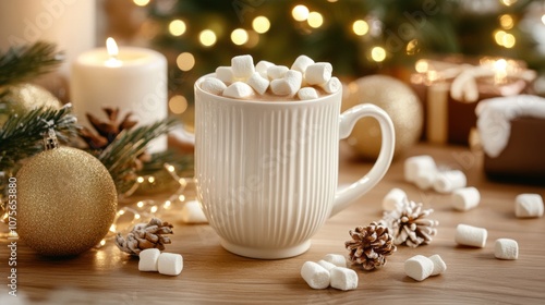 Wallpaper Mural Cozy mug of hot chocolate topped with marshmallows in winter setting Torontodigital.ca