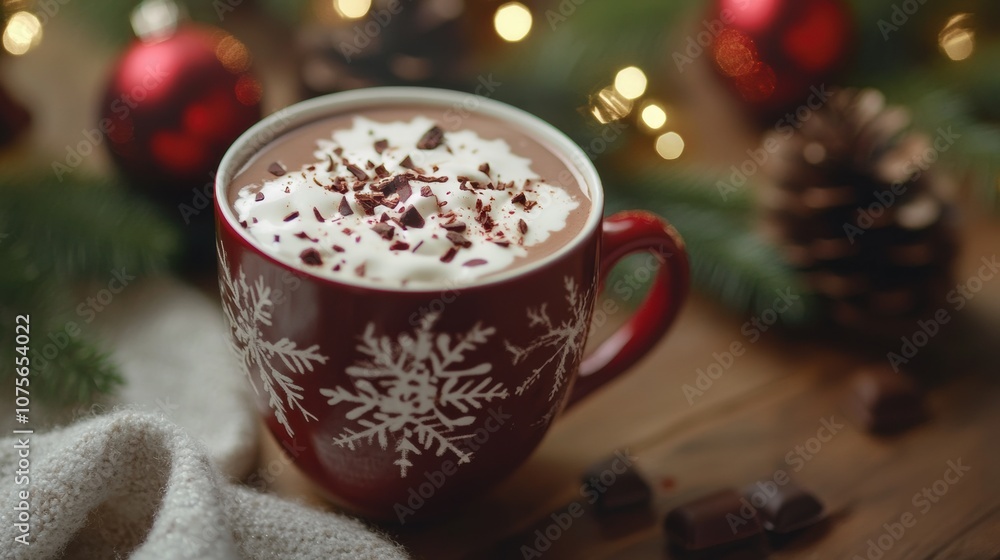 Cozy red mug filled with hot chocolate on a festive table Cozy red mug filled with hot chocolate on a festive table
