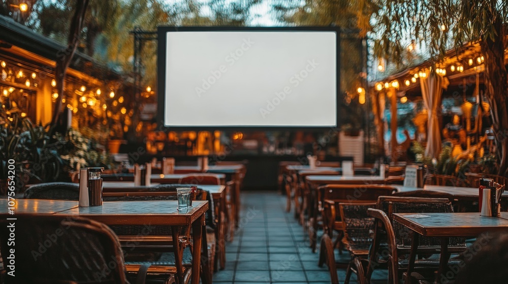 Outdoor Movie Screen Setup with Tables and Chairs Ready for Guests.