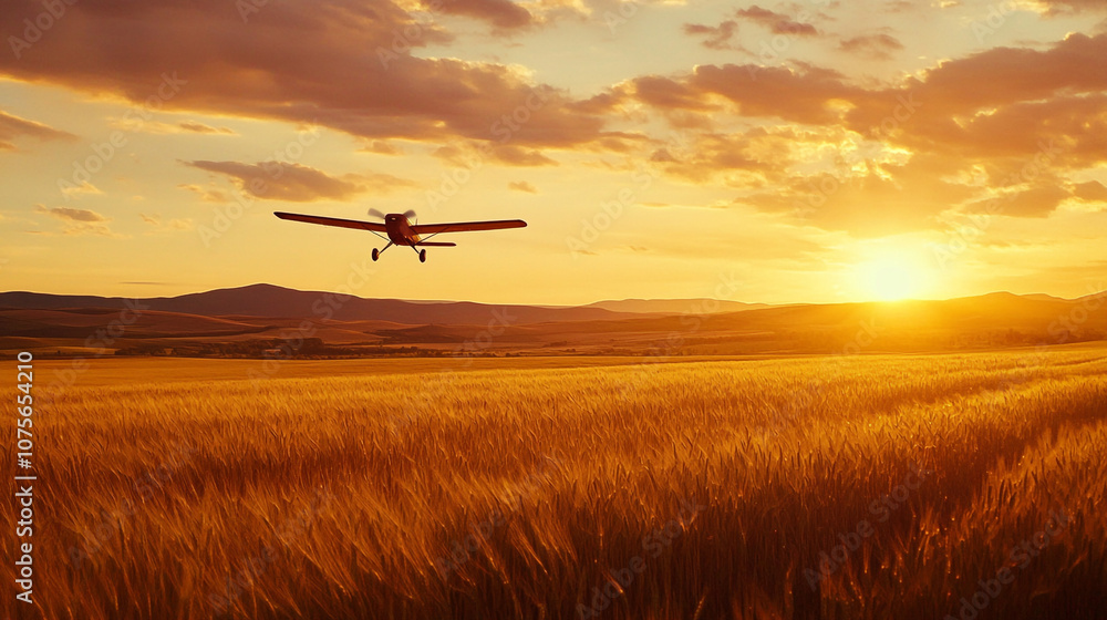 Small Airplane Flying Over Golden Wheat Field at Sunset Small Airplane Flying Over Golden Wheat Field at Sunset