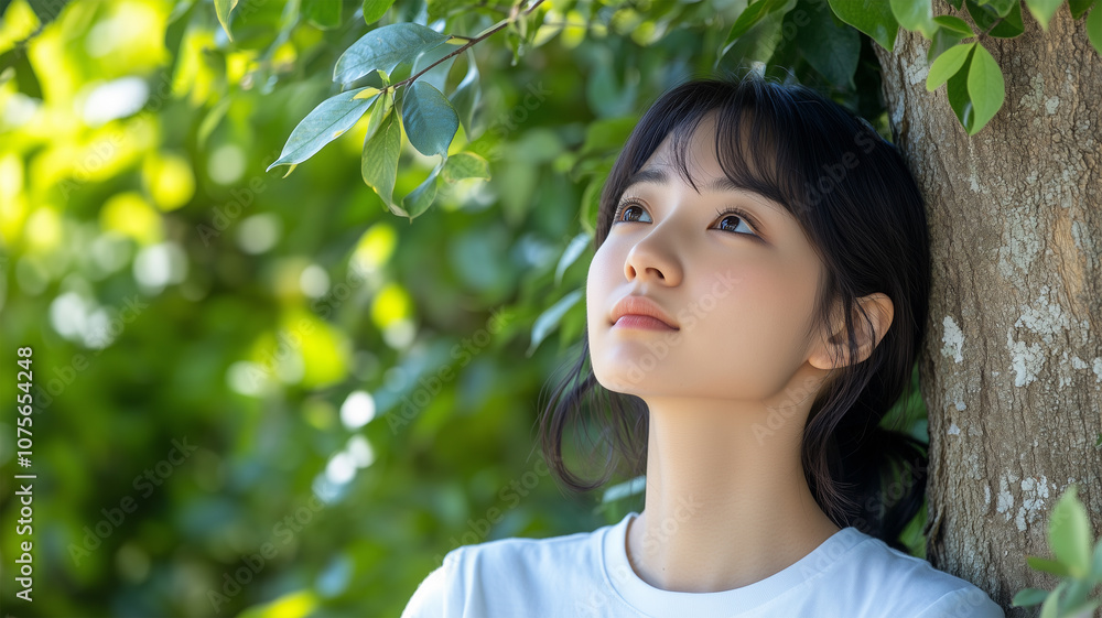 木に寄りかかり遠くを見つめる日本人女性 木に寄りかかり遠くを見つめる日本人女性