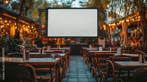 Obraz na płótnie Outdoor Movie Screen Setup with Tables and Chairs Ready for Guests. w salonie