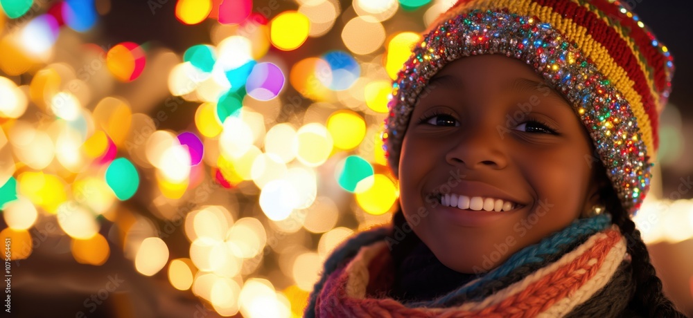 Smiling girl with colorful hat and scarf, festive lights background Smiling girl with colorful hat and scarf, festive lights background