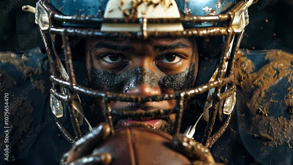 A dedicated american football athlete showcases his grit and determination while training in muddy conditions, preparing for the big game ahead A dedicated american football athlete showcases his grit and determination while training in muddy conditions, preparing for the big game ahead